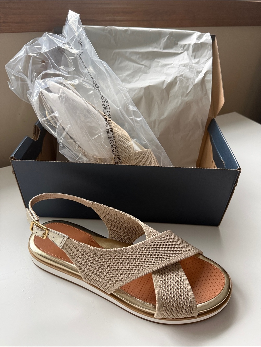Cole Haan Beige Woven Slingback Sandals with Gold Accent